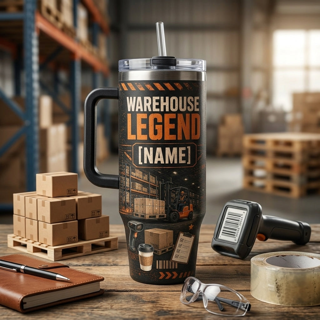 Personalized Warehouse Legend 40oz Tumbler with Handle - Custom Name Gift for Forklift Operator - 40oz tumbler mockup 3