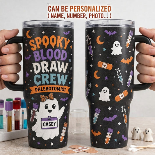 Personalized Phlebotomist Spooky Blood Draw Crew 40oz Tumbler with Handle, Custom Name Halloween Medical Gift