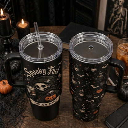 Personalized Spooky Fuel 40oz Tumbler with Handle - Custom Name Halloween Skeleton Coffee Mug