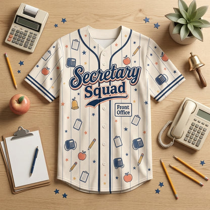 Personalized Secretary Squad Baseball Jersey - Custom Name & Number Front Office School Staff Shirt