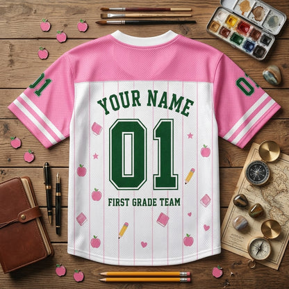 Personalized First Grade Teacher Football Jersey - Custom Name & Number Pink Sporty Mesh Shirt