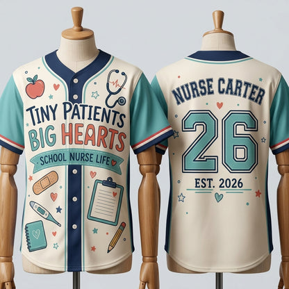 Personalized School Nurse Baseball Jersey - Custom Name & Number - Tiny Patients Big Hearts Pediatric Gift