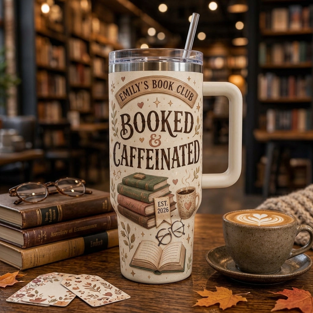 Personalized Booked & Caffeinated 40oz Tumbler with Handle - Custom Book Club Gift for Readers