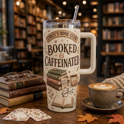 Personalized Booked & Caffeinated 40oz Tumbler with Handle - Custom Book Club Gift for Readers