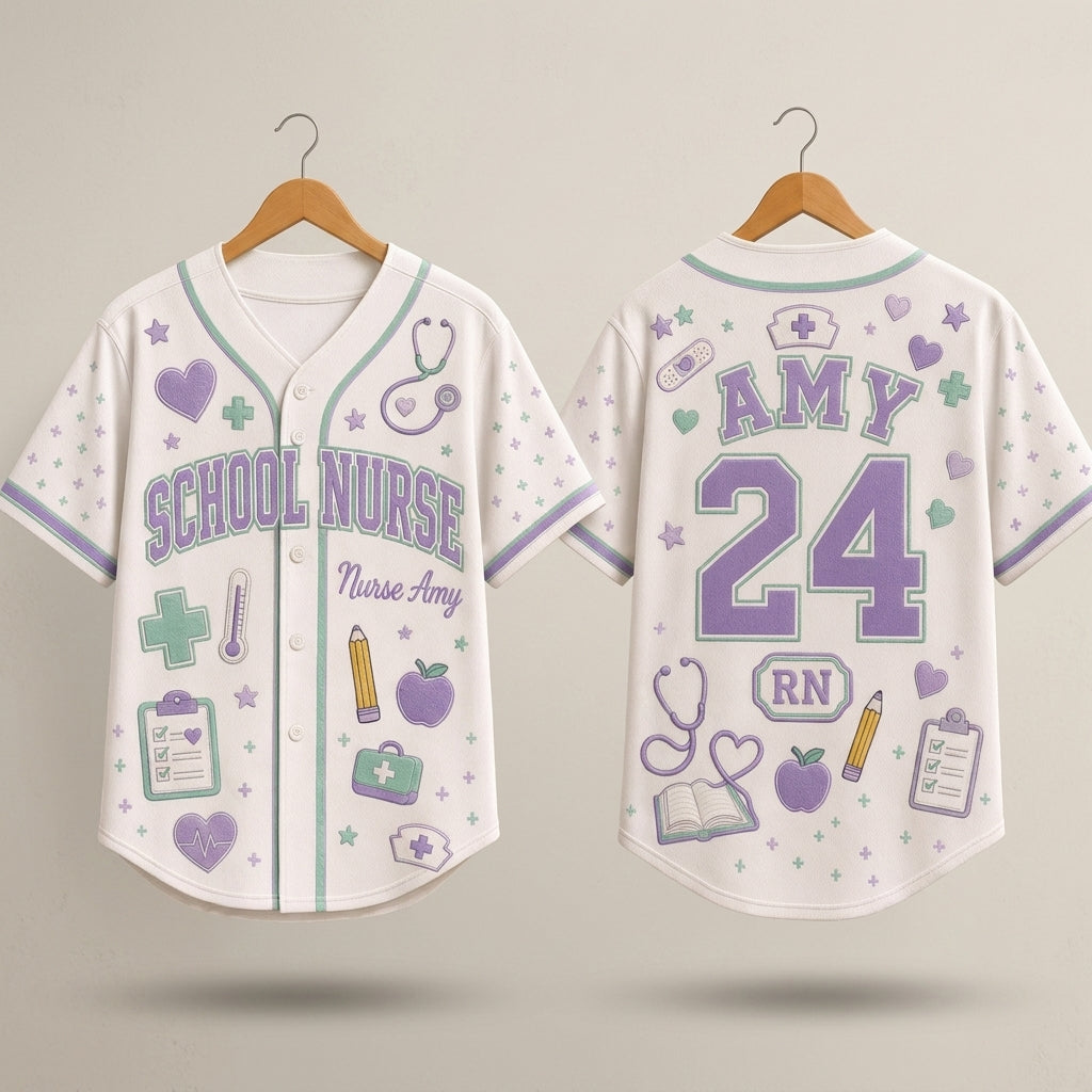 Personalized School Nurse Baseball Jersey - Custom Name & Number RN Gift
