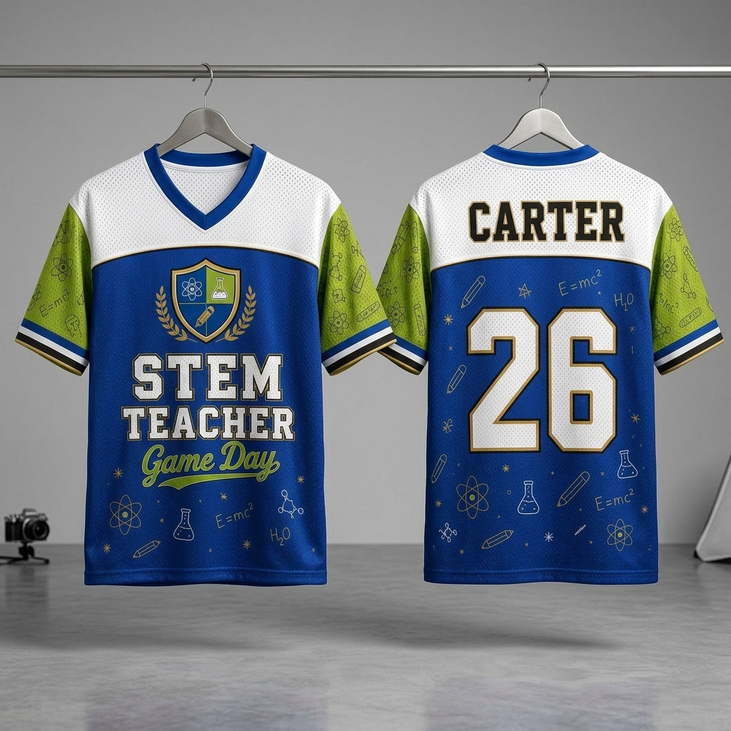 Personalized STEM Teacher Game Day Football Jersey - Custom Name & Number Science Educator Sports Shirt