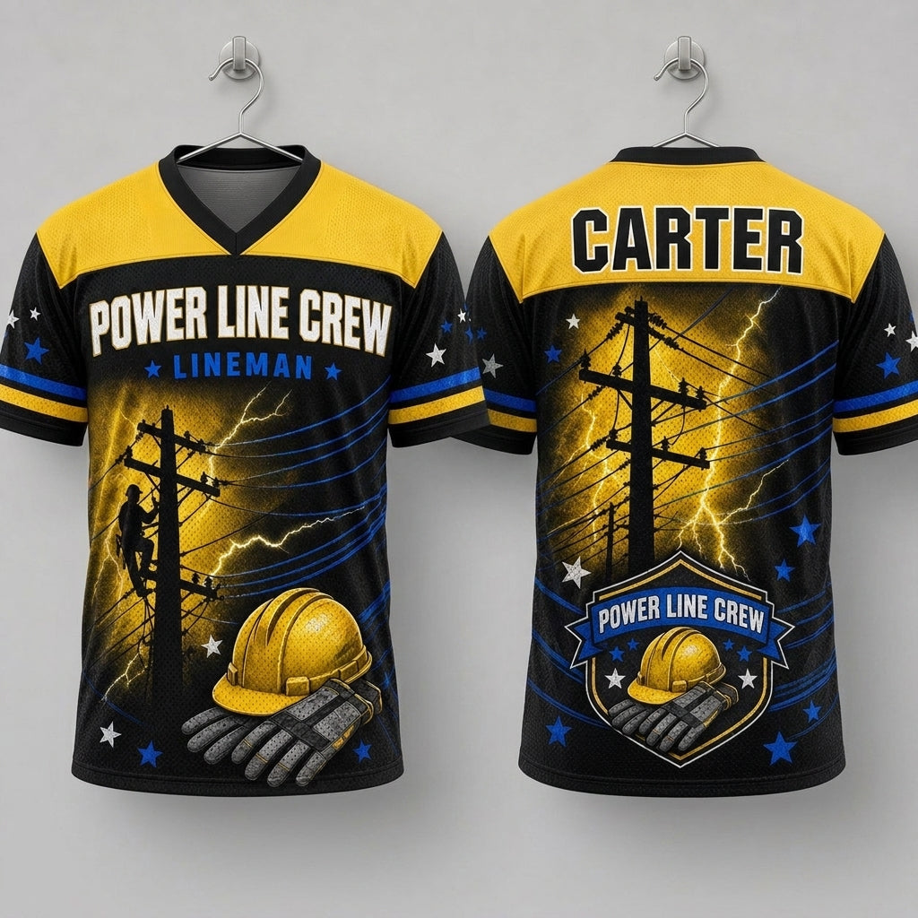 Personalized Lineman Power Line Crew Football Jersey - Custom Name Electrical Worker Mesh Apparel