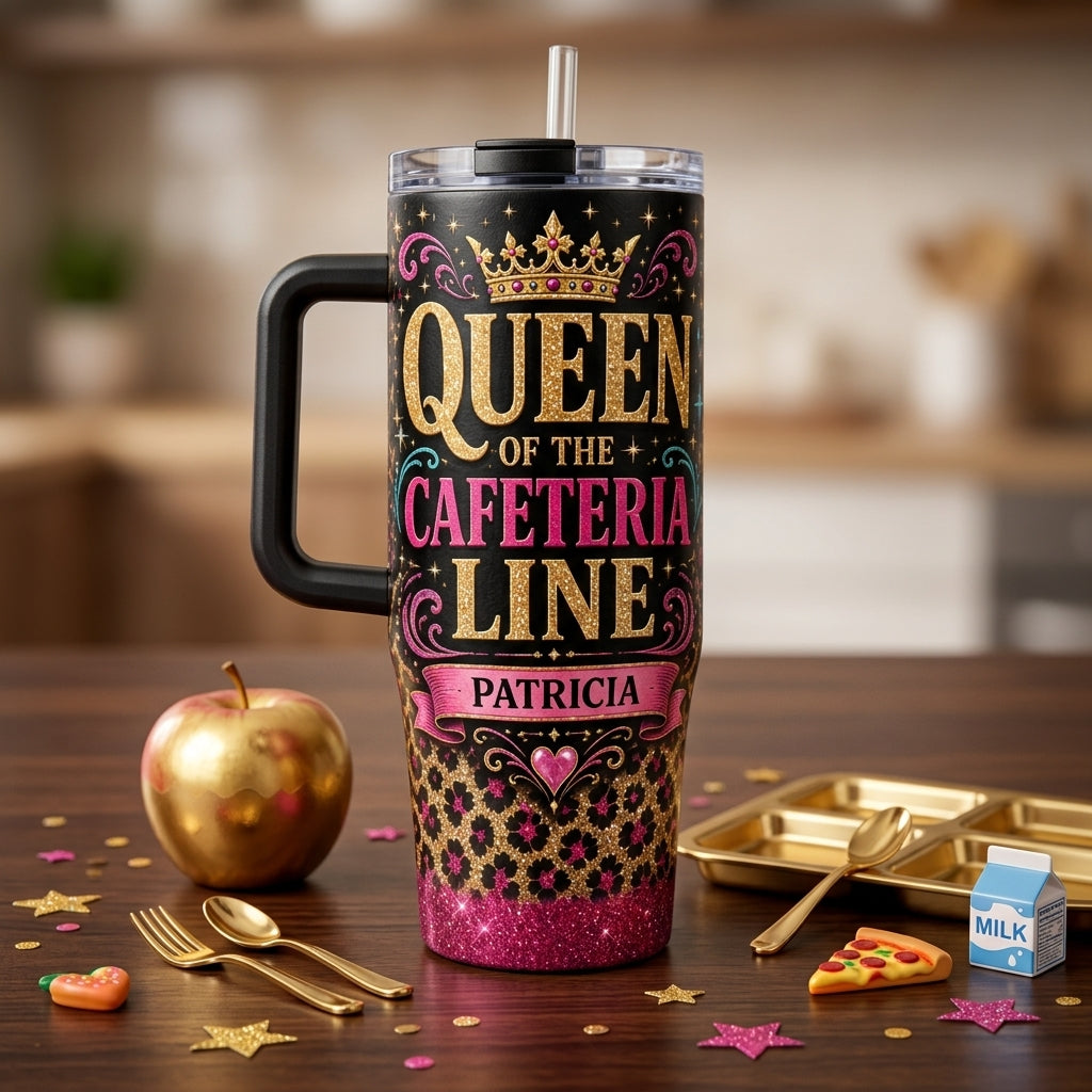 Personalized Queen of the Cafeteria Line 40oz Tumbler with Handle - Custom Name School Lunch Lady Gift