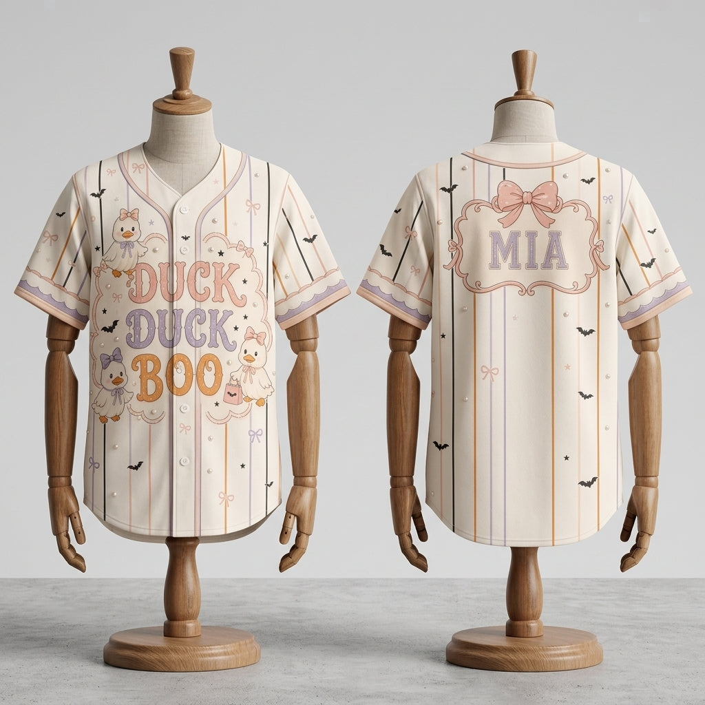 Personalized Duck Duck Boo Halloween Baseball Jersey - Custom Name Pink Coquette Aesthetic Jersey