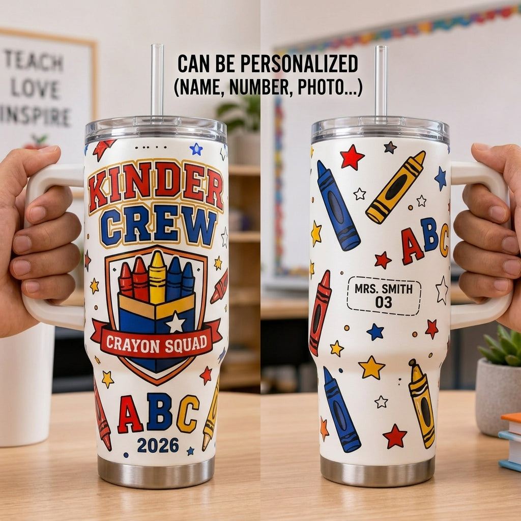 Personalized Kinder Crew Crayon Squad 40oz Tumbler with Handle - Custom Kindergarten Teacher Gift