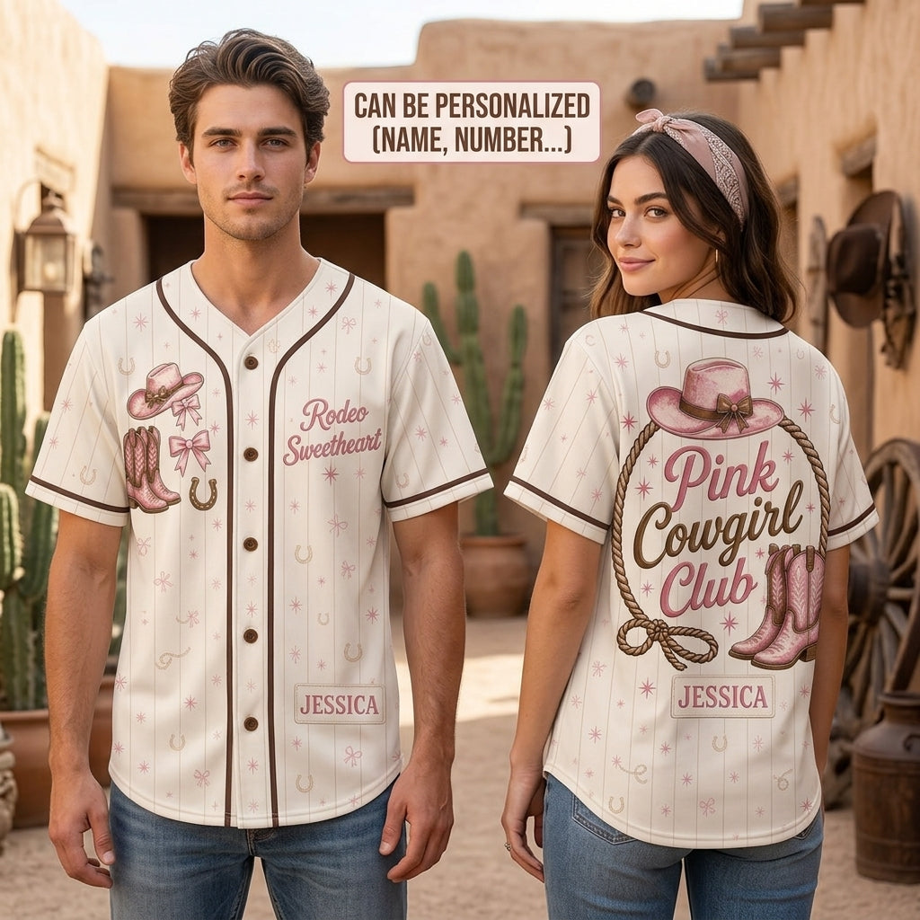 Personalized Pink Cowgirl Club Baseball Jersey - Custom Name Rodeo Sweetheart Western Outfit for Women
