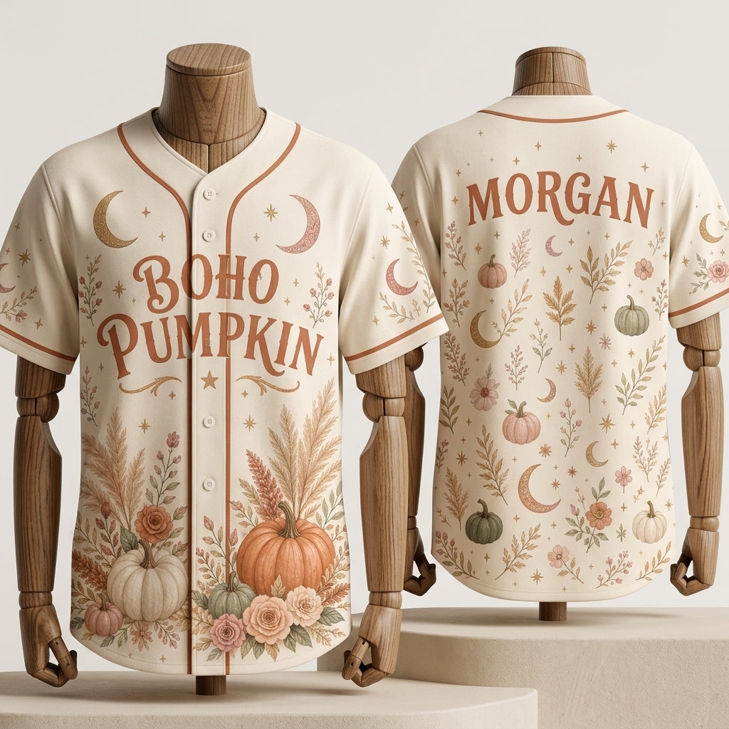 Personalized Boho Pumpkin Baseball Jersey - Custom Name Fall Floral Celestial Aesthetic Jersey Shirt for Women
