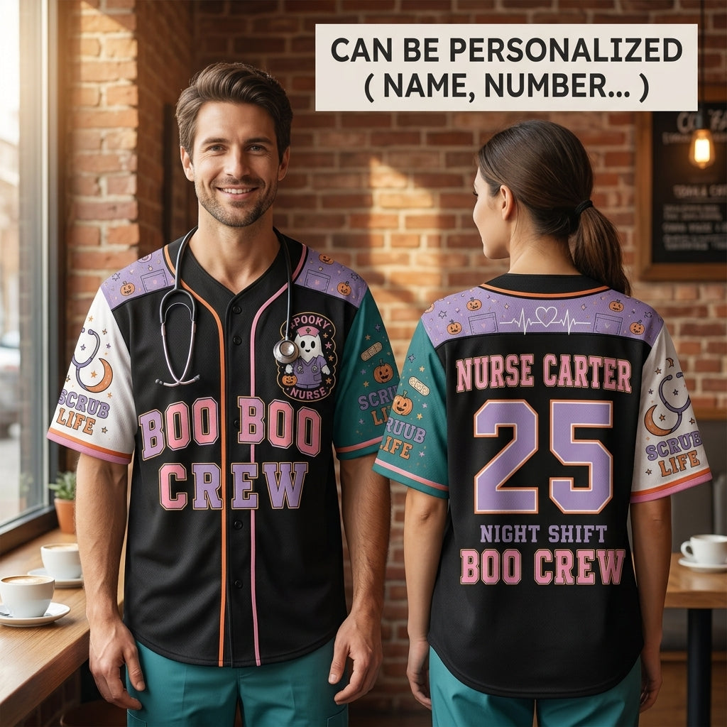 Personalized Nurse Boo Boo Crew Baseball Jersey - Custom Spooky Halloween Scrub Life Night Shift Sportswear