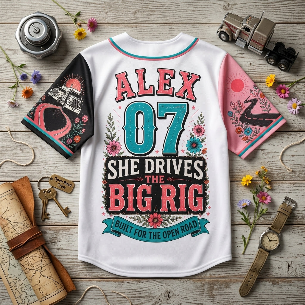 Personalized She Drives The Big Rig Baseball Jersey - Custom Name & Number Trucker Gift for Women