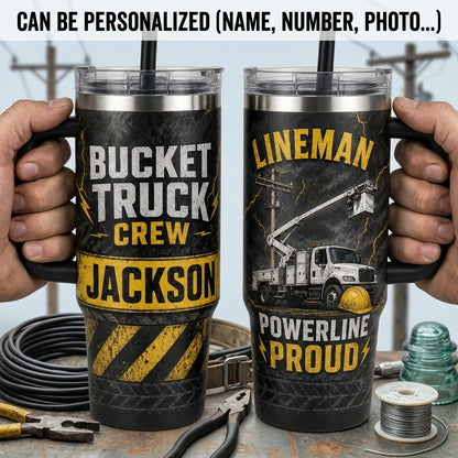 Personalized Lineman Bucket Truck Crew 40oz Tumbler with Handle - Custom Name Powerline Proud Gift