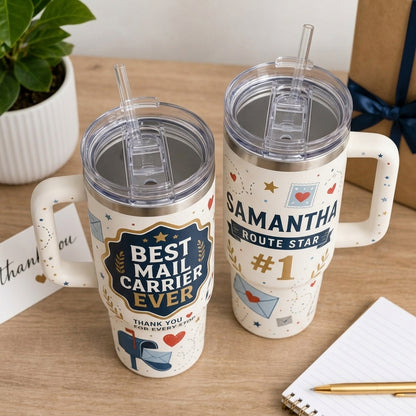Personalized Best Mail Carrier Ever 40oz Tumbler with Handle - Custom Name Postal Worker Thank You Gift