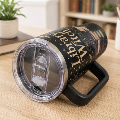 Personalized Library Witch 40oz Tumbler with Handle, Custom Name Book Lover Gift, Dark Academia Witchy Gifts