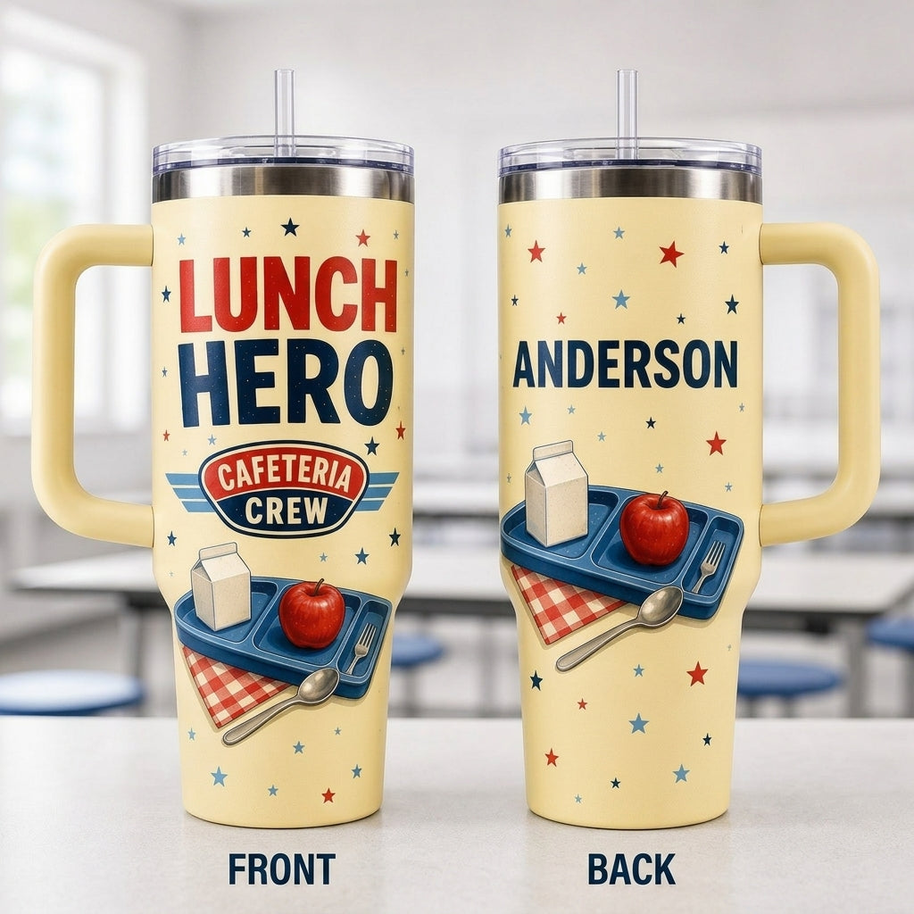 Personalized Lunch Hero Cafeteria Crew 40oz Tumbler with Handle - Custom Name School Staff Gift - 40oz tumbler mockup 2