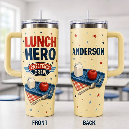 Personalized Lunch Hero Cafeteria Crew 40oz Tumbler with Handle - Custom Name School Staff Gift - 40oz tumbler mockup 2