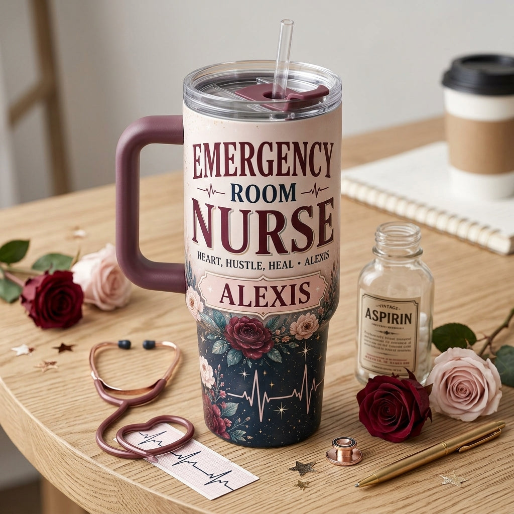 Personalized Emergency Room Nurse 40oz Tumbler with Handle - Custom Name Floral ER Nurse Gift