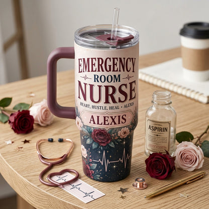 Personalized Emergency Room Nurse 40oz Tumbler with Handle - Custom Name Floral ER Nurse Gift