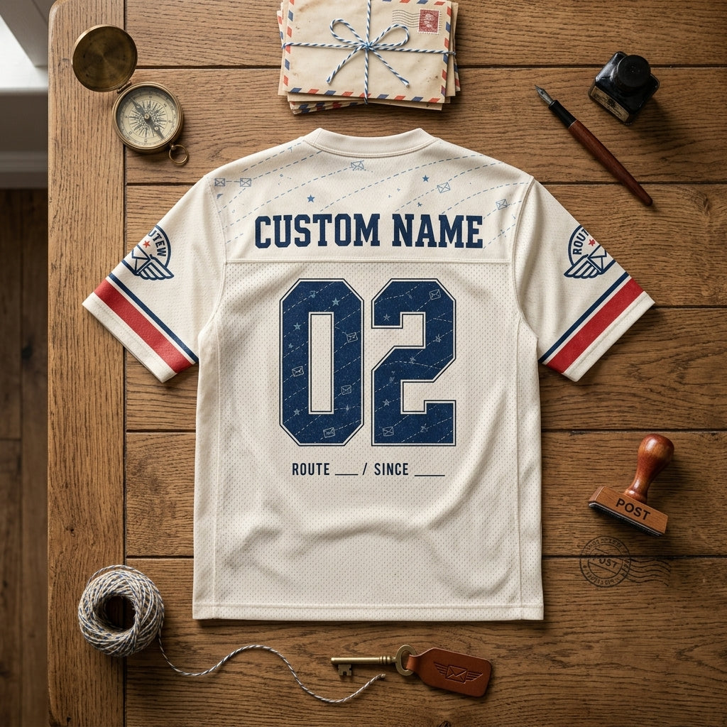 Personalized First Class Crew Postal Worker Football Jersey - Custom Name and Route Mail Carrier Gift