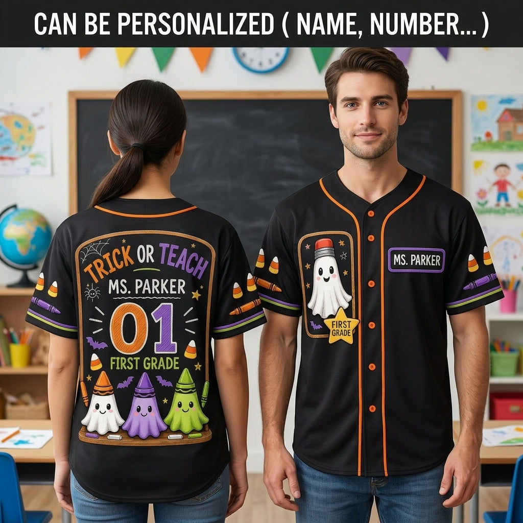 Personalized Trick or Teach Teacher Baseball Jersey - Custom Name & Grade Halloween Ghost Crayon Jersey