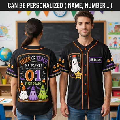 Personalized Trick or Teach Teacher Baseball Jersey - Custom Name & Grade Halloween Ghost Crayon Jersey