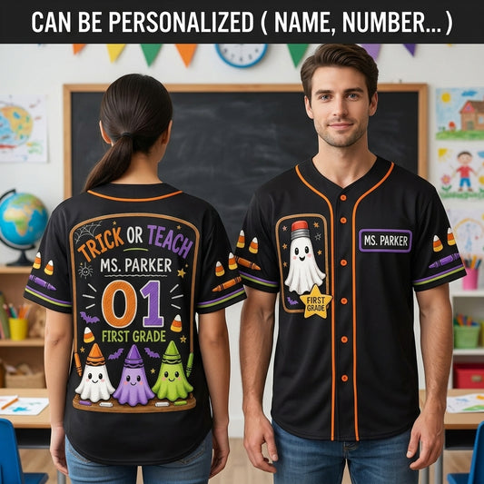 Personalized Trick or Teach Teacher Baseball Jersey - Custom Name & Grade Halloween Ghost Crayon Jersey
