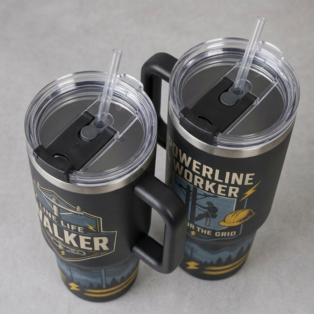 Personalized Powerline Worker 40oz Tumbler with Handle, Custom Name Gift for Lineman & Electricians, Built for the Grid