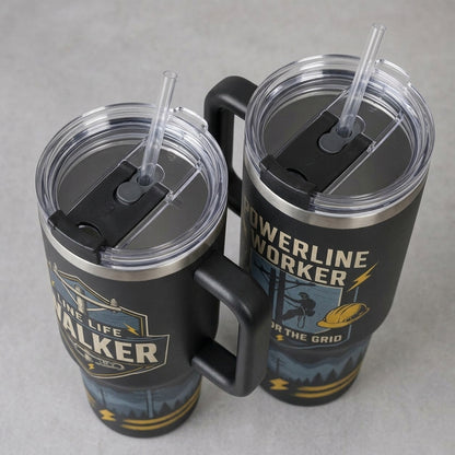 Personalized Powerline Worker 40oz Tumbler with Handle, Custom Name Gift for Lineman & Electricians, Built for the Grid