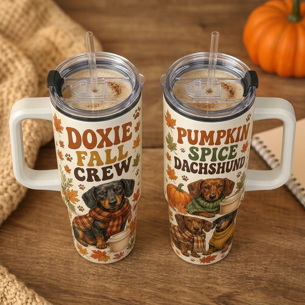 Doxie Fall Crew 40oz Tumbler with Handle, Pumpkin Spice Dachshund Autumn Travel Mug, Gift for Dog Lovers