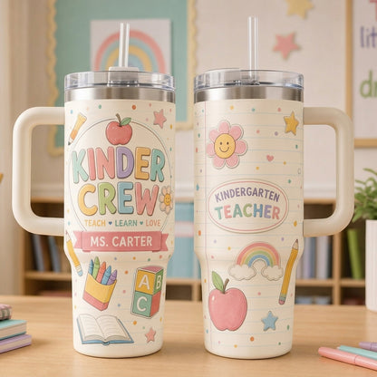 Personalized Kinder Crew 40oz Tumbler with Handle - Custom Kindergarten Teacher Name Gift