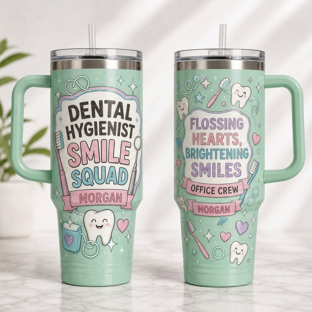 Personalized Dental Hygienist 40oz Tumbler with Handle - Custom Name Smile Squad Gift for Dental Office Crew