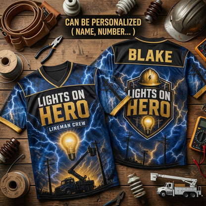 Personalized Lights On Hero Lineman Crew Football Jersey - Custom Name Electrician Gift