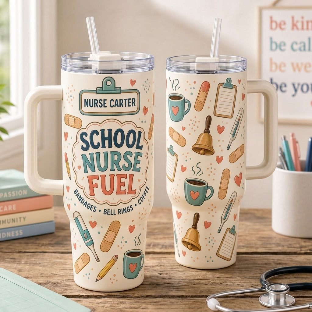 Personalized School Nurse Fuel 40oz Tumbler with Handle - Custom Name Retro Medical Gift