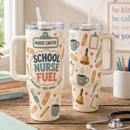 Personalized School Nurse Fuel 40oz Tumbler with Handle - Custom Name Retro Medical Gift