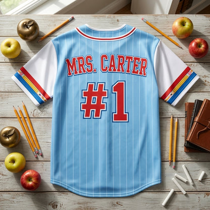 Personalized First Grade Teacher Baseball Jersey - Custom Name Back to School Outfit - Light Blue Pinstripe Teacher Team Apparel