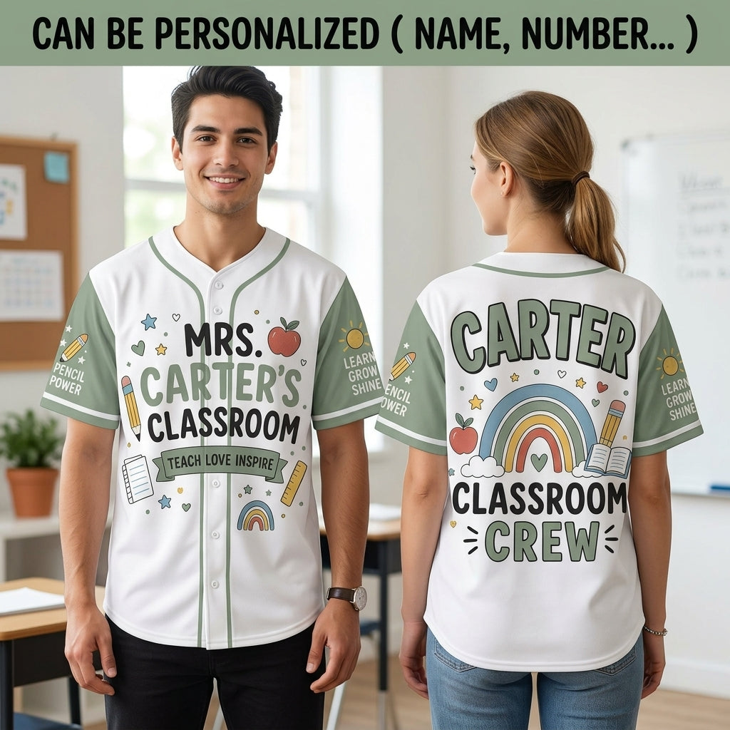Personalized Teacher Baseball Jersey - Custom Name Classroom Crew Shirt - Sage Green Teacher Appreciation Gift