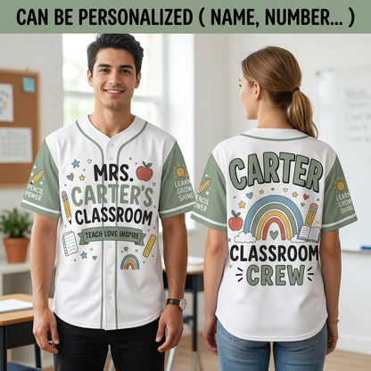 Personalized Teacher Baseball Jersey - Custom Name Classroom Crew Shirt - Sage Green Teacher Appreciation Gift