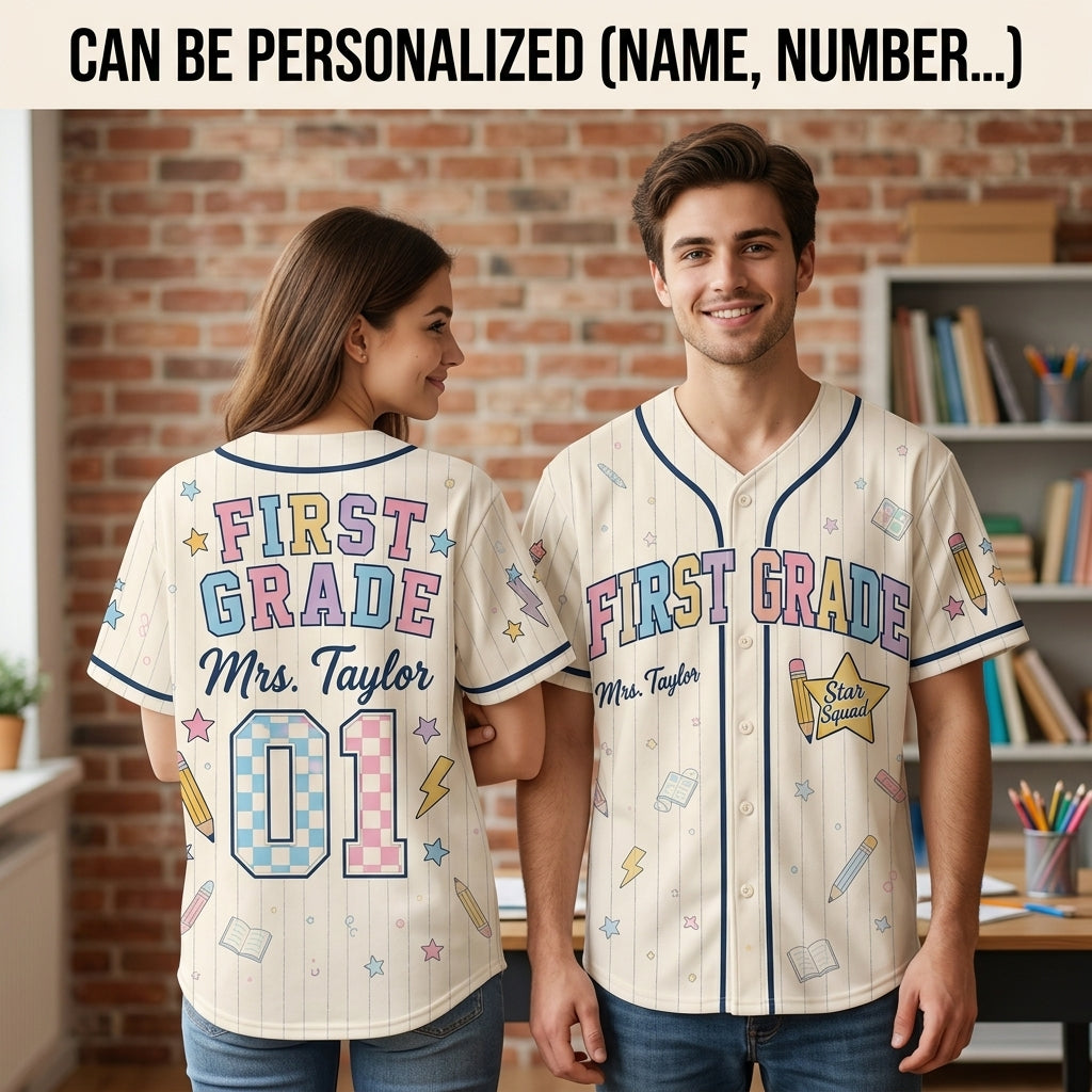 Personalized First Grade Teacher Baseball Jersey - Custom Mrs. Taylor Star Squad School Apparel