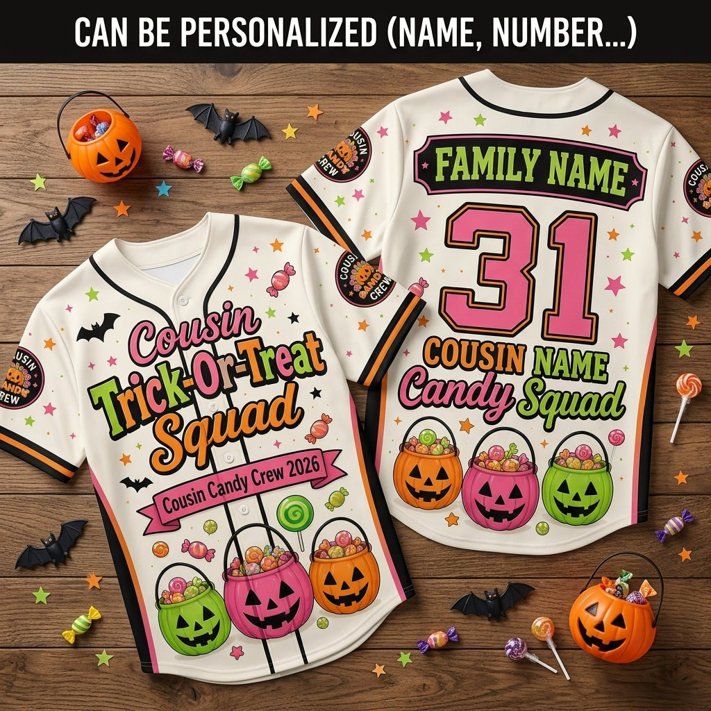 Personalized Cousin Trick-Or-Treat Squad Baseball Jersey - Custom Family Halloween Candy Crew Shirt
