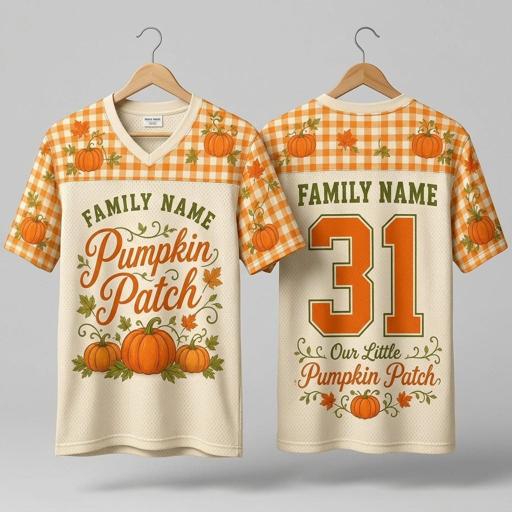 Personalized Family Pumpkin Patch Football Jersey - Custom Name & Number Fall Autumn Thanksgiving Team Shirt