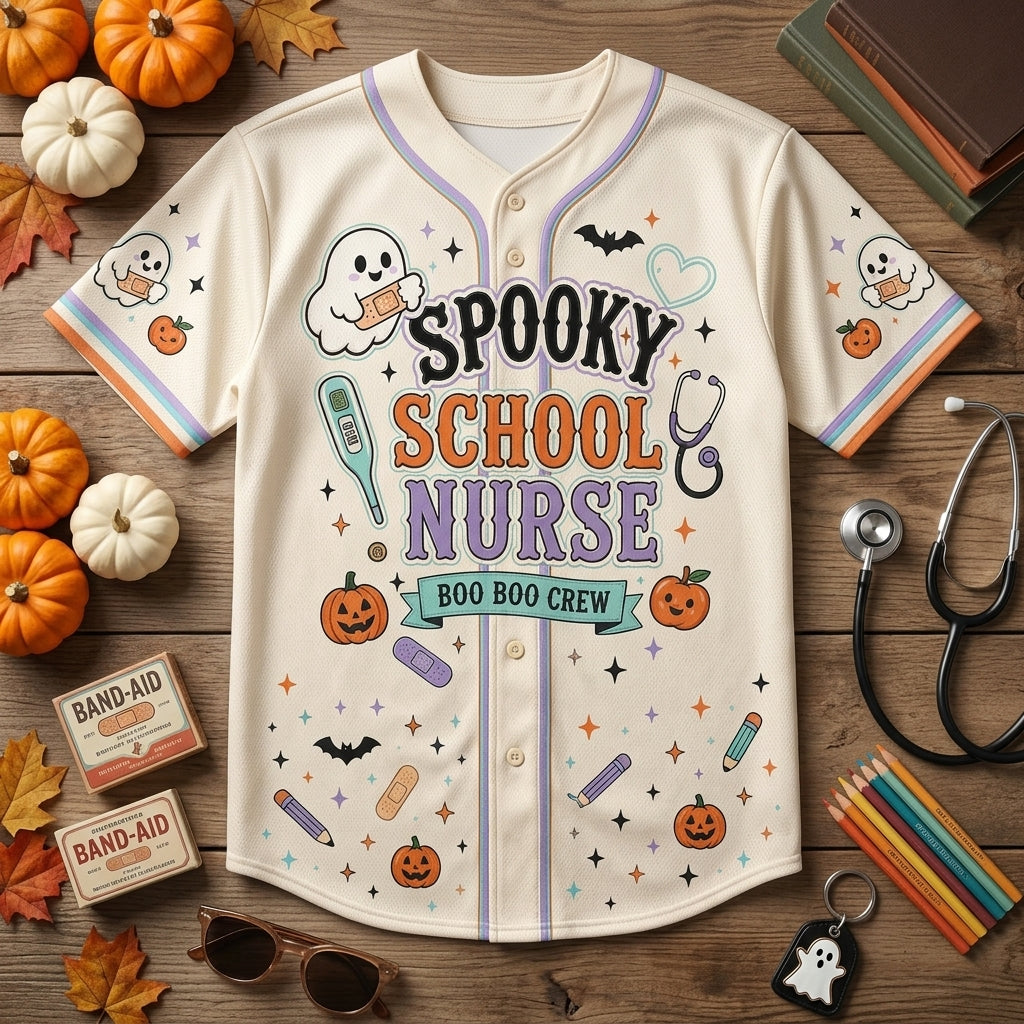 Personalized Spooky School Nurse Baseball Jersey - Custom Name Boo Boo Crew Halloween Gift for Healthcare Workers
