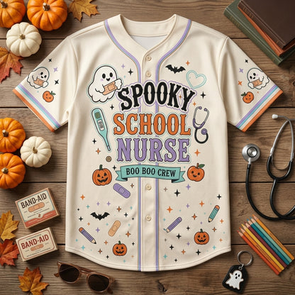 Personalized Spooky School Nurse Baseball Jersey - Custom Name Boo Boo Crew Halloween Gift for Healthcare Workers