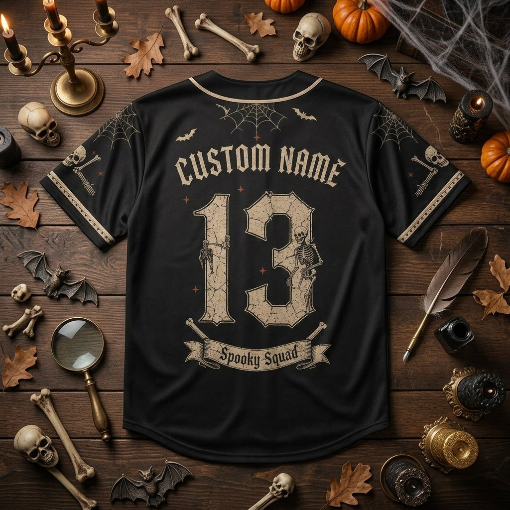 Personalized Spooky Skeleton Halloween Baseball Jersey - Custom Name and Number Goth Spirit Squad Athletic Shirt
