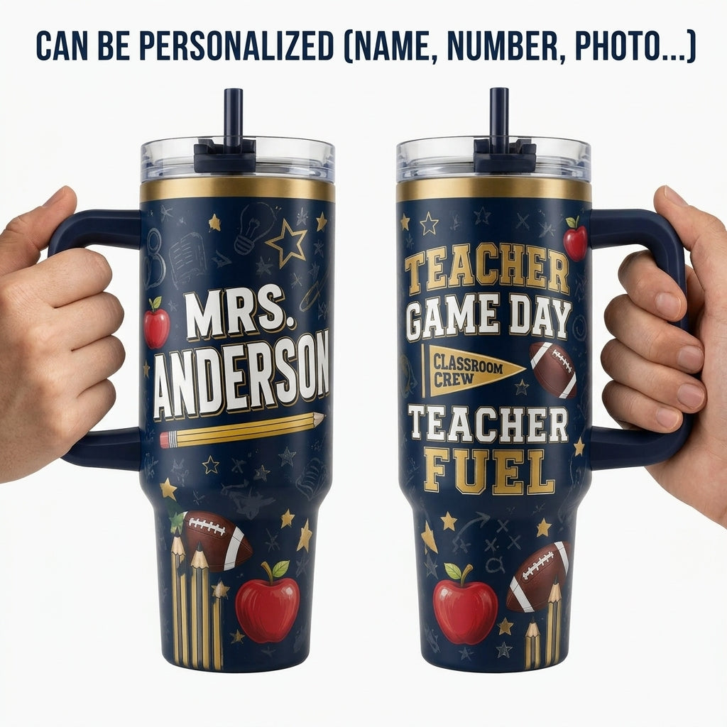 Personalized Teacher Game Day 40oz Tumbler with Handle - Custom Name Football & Classroom Crew Gift