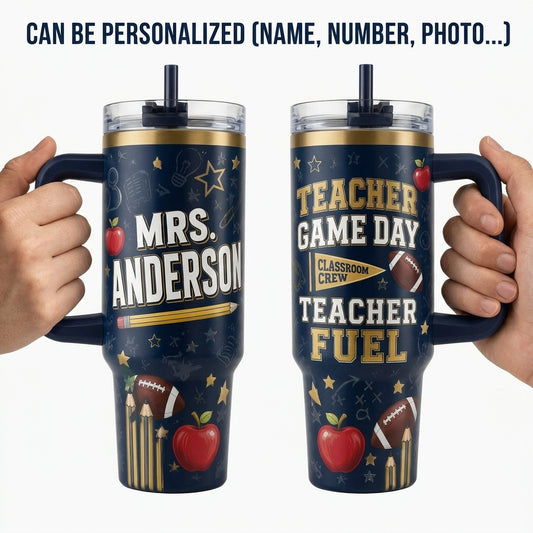 Personalized Teacher Game Day 40oz Tumbler with Handle - Custom Name Football & Classroom Crew Gift