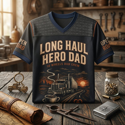 Personalized Long Haul Hero Dad Football Jersey - Custom Name & Number Trucker Mesh Shirt
