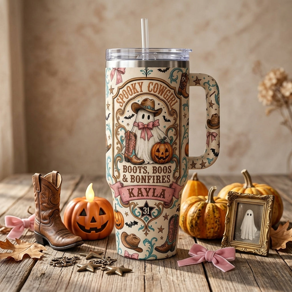 Personalized Spooky Cowgirl 40oz Tumbler with Handle, Custom Name Boots Boos & Bonfires Halloween Travel Mug